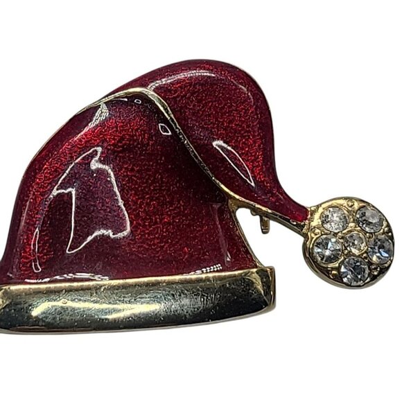 Santa Hat Brooch Red Enamel Rhinestone Accent Christmas Pin Holiday Jewelry - Picture 1 of 8